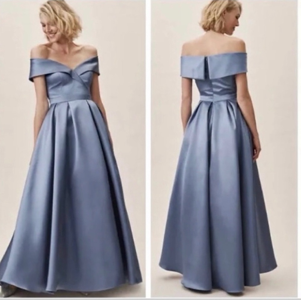 BHLDN Off-the-Shoulder Satin Gown in Dusty Blue